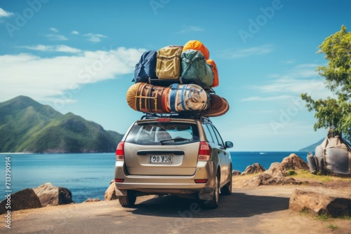 A car loaded with luggage on the roof, ready for a summer vacation