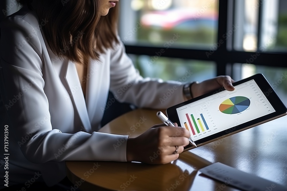 A businesswoman uses a tablet to analyze sales data and draw a growth graph A businesswoman uses a tablet to analyze sales data and draw a growth graph
