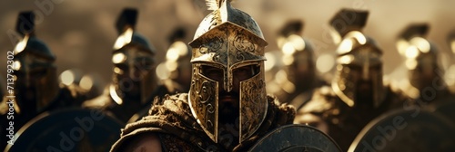 armed Roman legionaries. group of knights, with armor on, are standing together, in the style of intense close-ups, dark gold and brown, cinematic stills, selective focus. Ready to fight. photo
