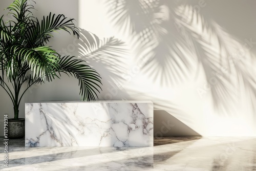 Luxury empty marble podium with tropical leaves and plant shadow on white wall for product placement display.