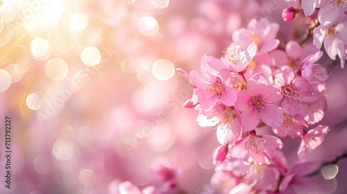 Panoramic spring background with beautiful pink cherry blossoms, bokeh background