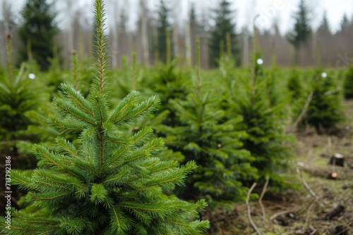 Spruce trees nursery or plantation, growing a young forest.