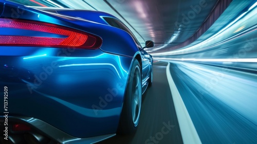 Rear view of a blue business class car at high speed in a corner. Blue car rushing along a high-speed highway, close-up shot
