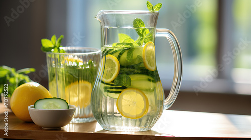 Detox Water with Cucumber, Mint, and Lemon Slices in a Clear Pitcher.