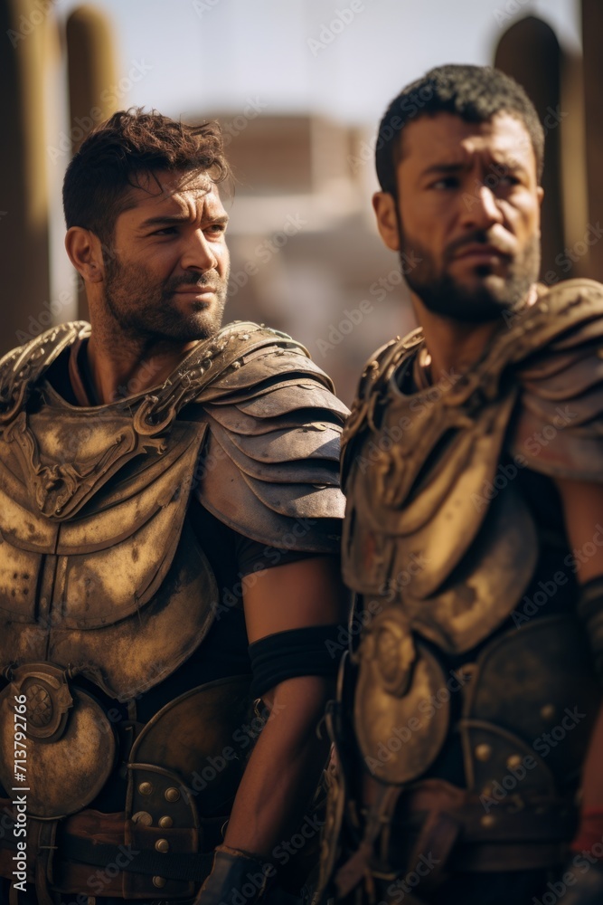 some warriors with their helmets on, in the style of cinematic lighting, dark gold and brown, intense close-ups. Gladiators with guns. some warriors with their helmets on, in the style of cinematic lighting, dark gold and brown, intense close-ups. Gladiators with guns.