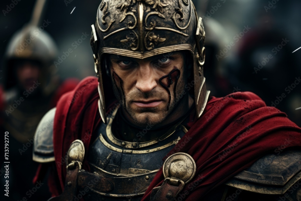 A cinematic shot of a gladiator, a Roman legionnaire. a knight in iron armor. a warrior in ancient history.