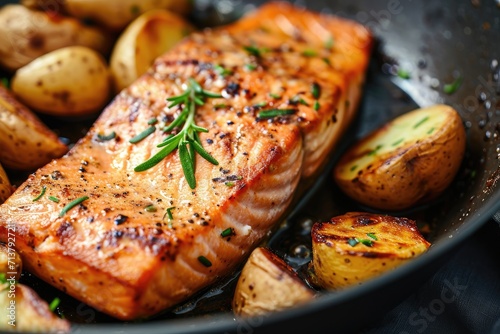 Grilled salmon and potatoes in a frying pan. Generative AI