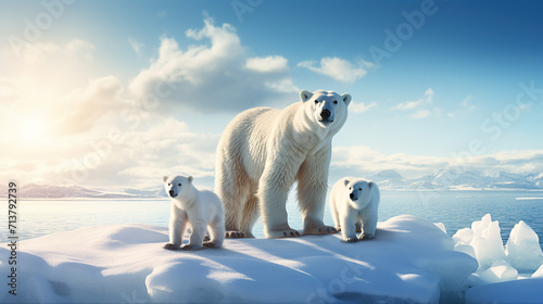 Polar Bear and Cubs on Melting Ice Floes in the Arctic Ocean.