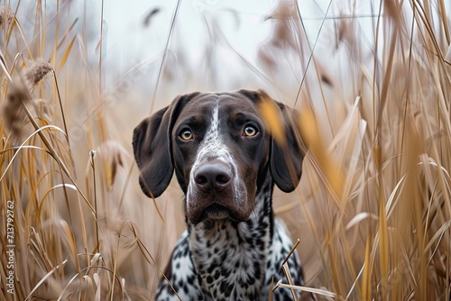 Hunting dog in tall grass. German Shorthaired Pointer. photo