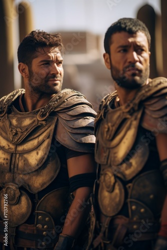 some warriors with their helmets on, in the style of cinematic lighting, dark gold and brown, intense close-ups. Gladiators with guns.