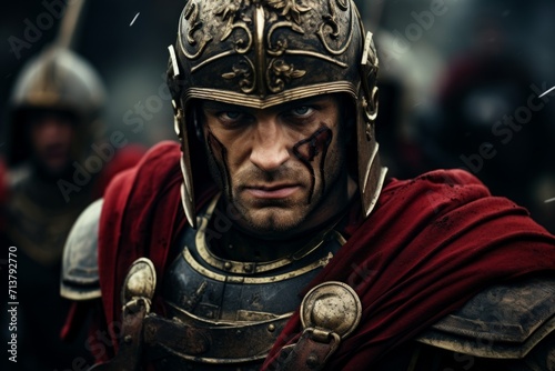 A cinematic shot of a gladiator, a Roman legionnaire. a knight in iron armor. a warrior in ancient history.