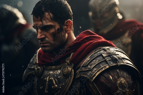 armed Roman legionaries. group of knights, with armor on, are standing together, in the style of intense close-ups, dark gold and brown, cinematic stills, selective focus. photo