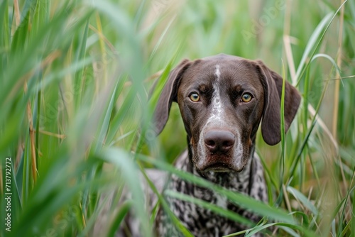 Hunting dog in tall grass. German Shorthaired Pointer. photo