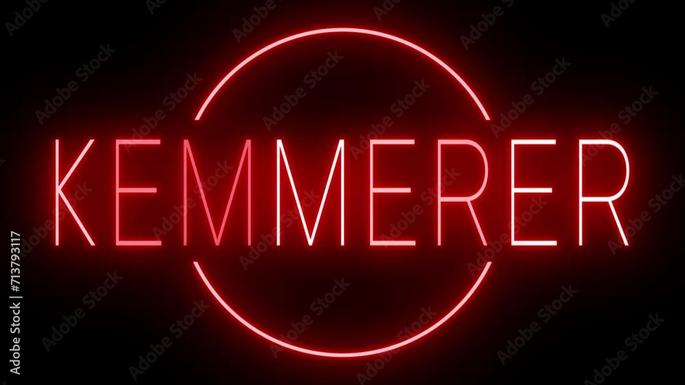 Flickering red retro style neon sign glowing against a black background for KEMMERER Flickering red retro style neon sign glowing against a black background for KEMMERER
