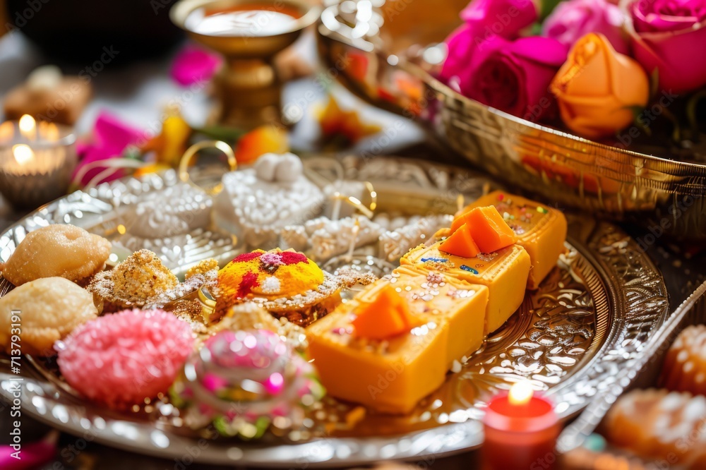 Culinary Delight: A scene with delicious Indian sweets and rakhis on a plate, representing festive treats