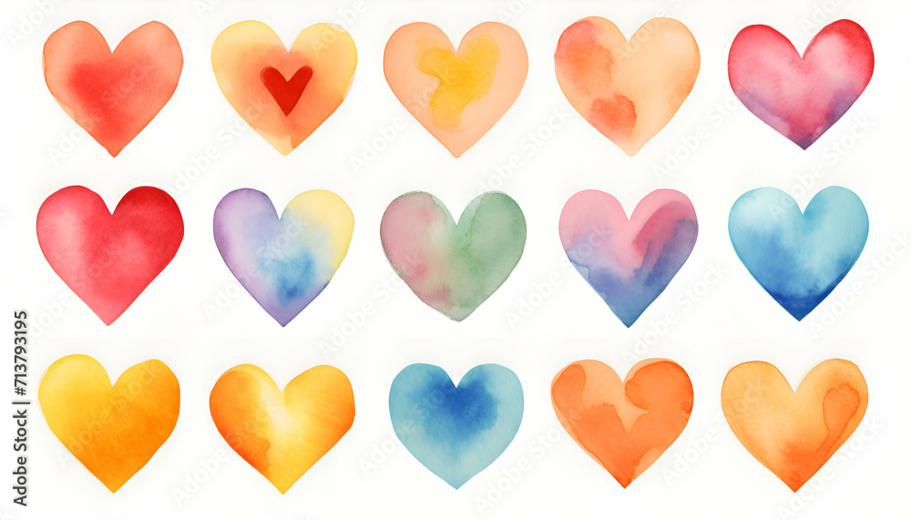 Watercolor hearts set. Hand painted  illustration isolated on white background.