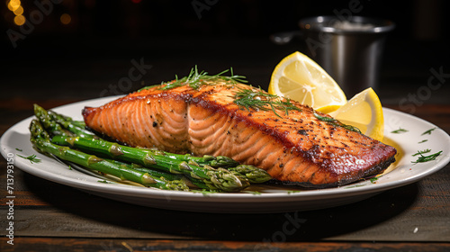 Grilled Salmon Fillet with Asparagus and Lemon Wedge on a White Plate.