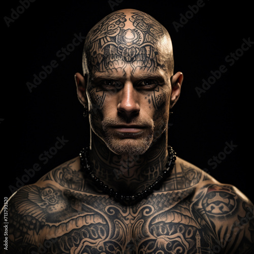 Portrait of a tattooed man isolated on black background 