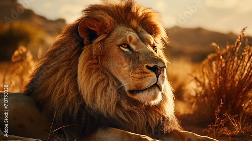 Majestic Lion Basking in the Golden Savanna Sunlight.