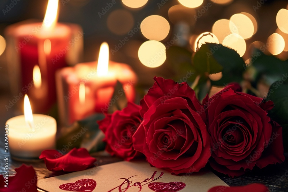 Background for Valentine's Day, social media backdrop for the V-Day celebration, adorned with romantic cards featuring love, red roses, and candles Background for Valentine's Day, social media backdrop for the V-Day celebration, adorned with romantic cards featuring love, red roses, and candles