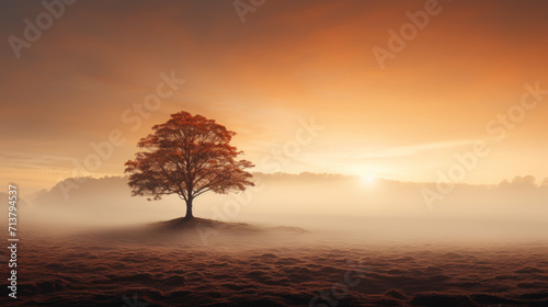 Lone Tree on a Misty Morning Field, Backlit by the Rising Sun.