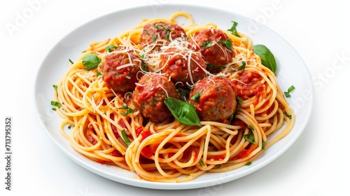 Indulge in the classic comfort of spaghetti and meatballs, adorned with rich tomato sauce, elegantly presented on a white plate against a clean, isolated white background