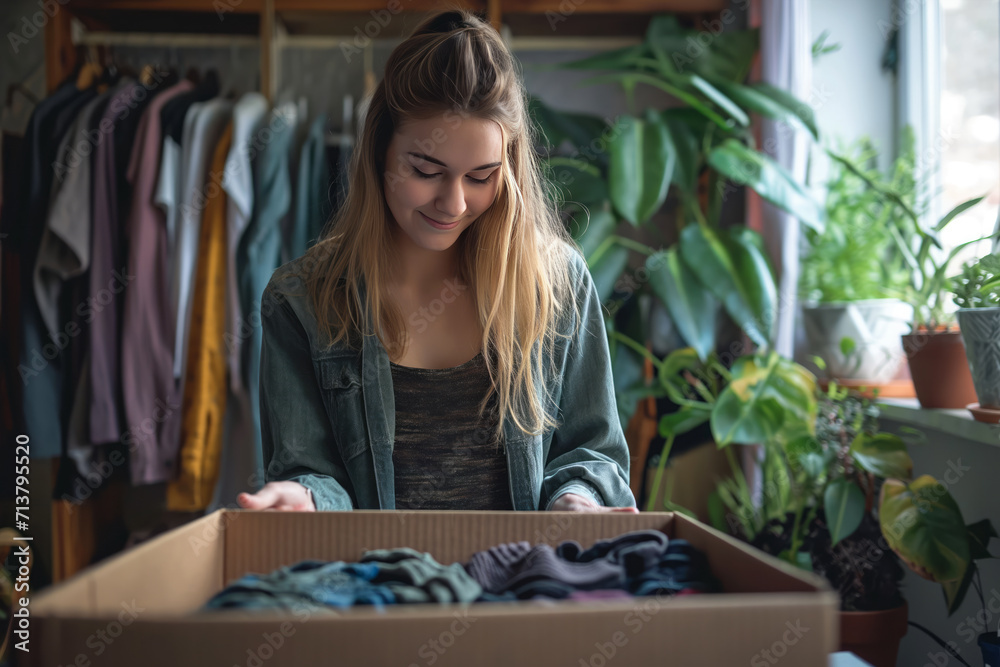 Fototapeta premium Young woman unpacking cardboard boxes with clothe