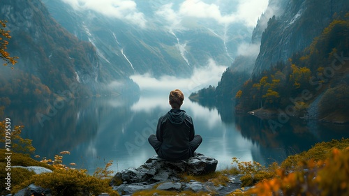 person meditating in the mountains