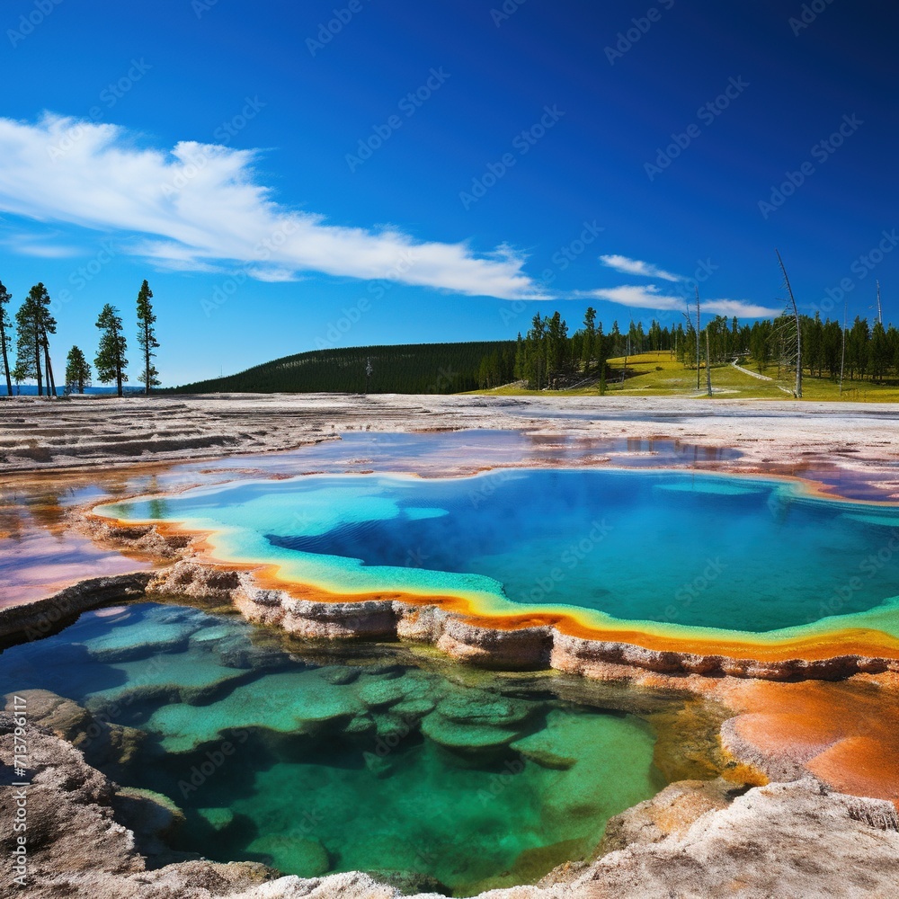 National park spring grand prismatic spring , blue sky trees beautiful day nice surroundings. 