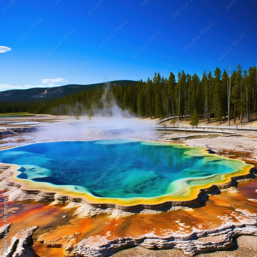 National park spring grand prismatic spring , blue sky trees beautiful day nice surroundings. 