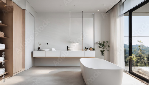 A minimalist bathroom with a freestanding tub and floating vanity. AI Generativ