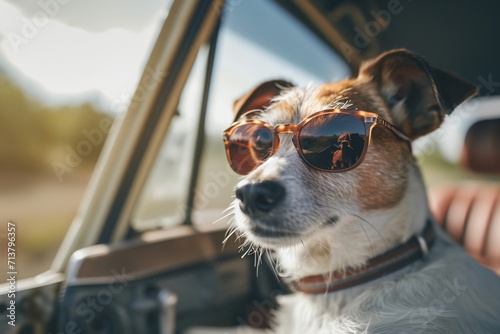 Cool dog in sunglasses riding a car looking out window © inspiretta
