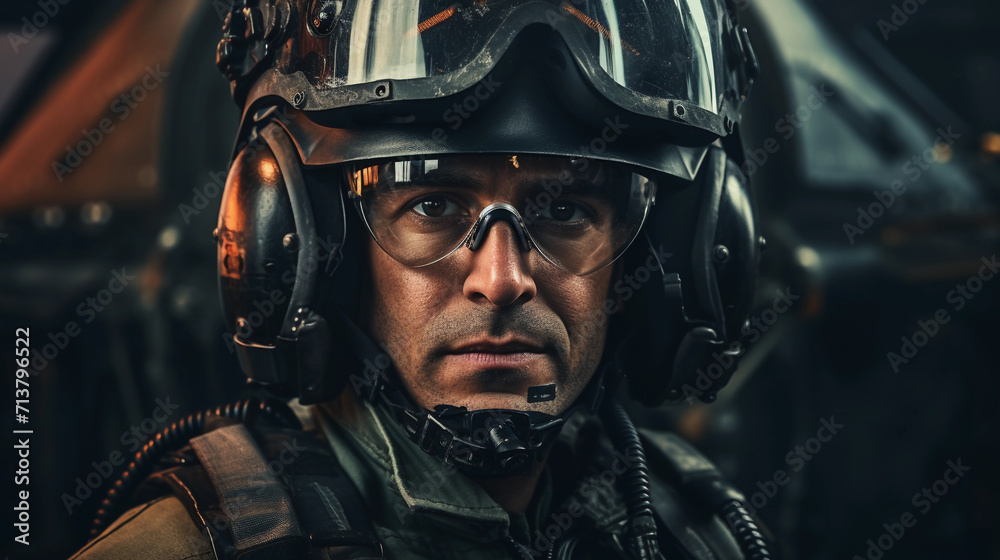 Uniformed military man with helmet and glasses prepared for combat. Portrait of a helicopter fighter pilot uniformed and looking at the camera 