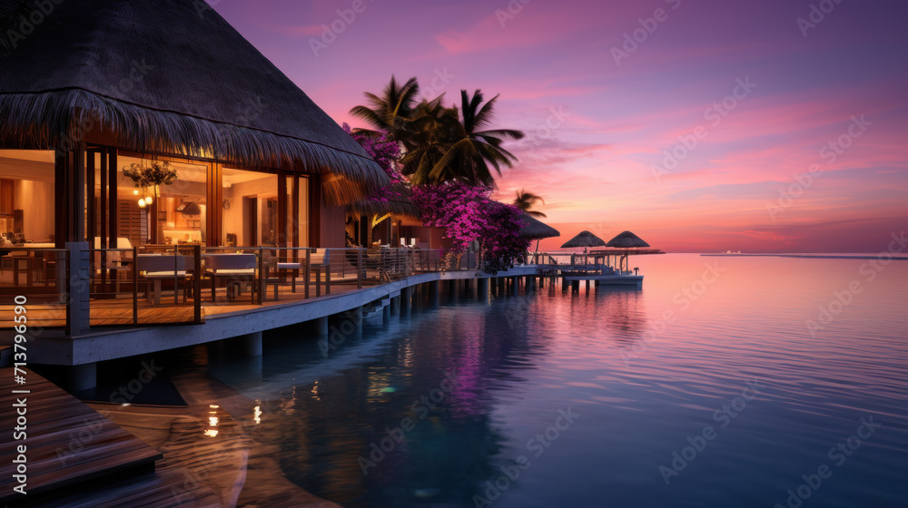 Luxurious Beachfront Resort with Overwater Bungalows at Sunset.
