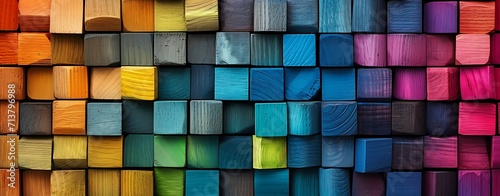 Colorful wooden blocks aligned. Wide format