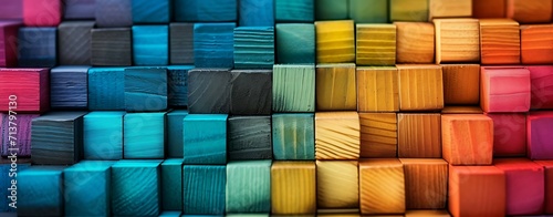 Colorful wooden blocks aligned. Wide format