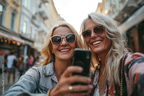 Mom and adult daughter take a selfie on a city street
