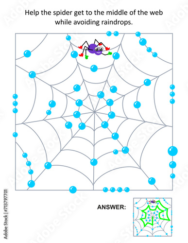 Maze or labyrinth: Help the spider get to the middle of the web while avoiding raindrops. Answer included.

