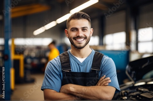 Portrait of a young man beautiful car mechanic in a car workshop from AI Generated