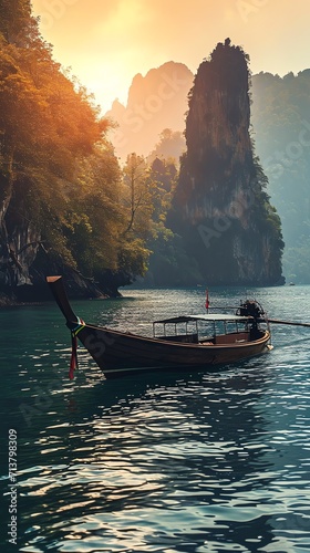 Tranquil Thai River with Traditional Longtail Boat at Sunset