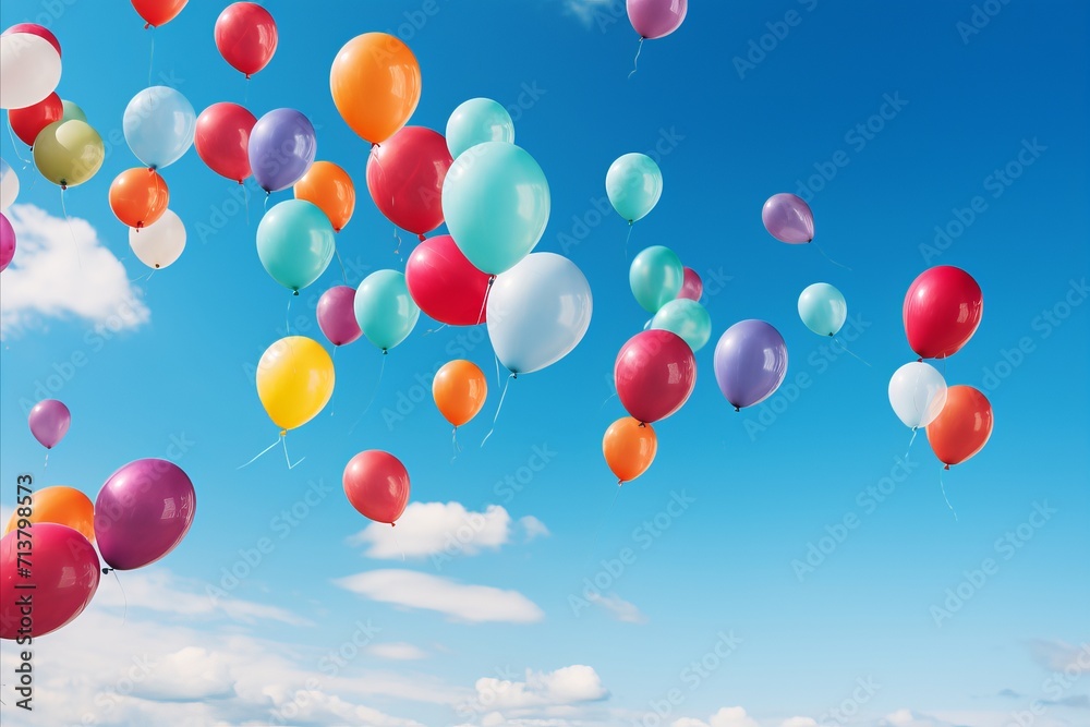 Vibrant multicolored balloons floating in the clear blue sky with white clouds in the background