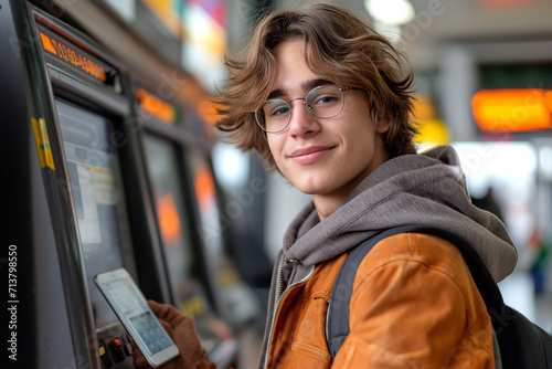 Smiling young man with smart phone standing by atm photo