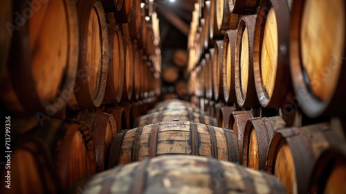 Barrels of whisky, bourbon, and scotch wine. Generative Ai. photo