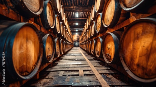 Barrels of whisky  bourbon  and scotch wine. Generative Ai.