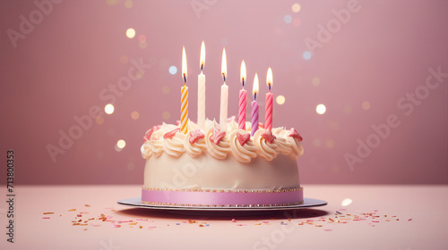 Elegant Birthday Celebration Cake with Pink and Gold Candles for Special Occasions, Adding Joy and Happiness to Your Events