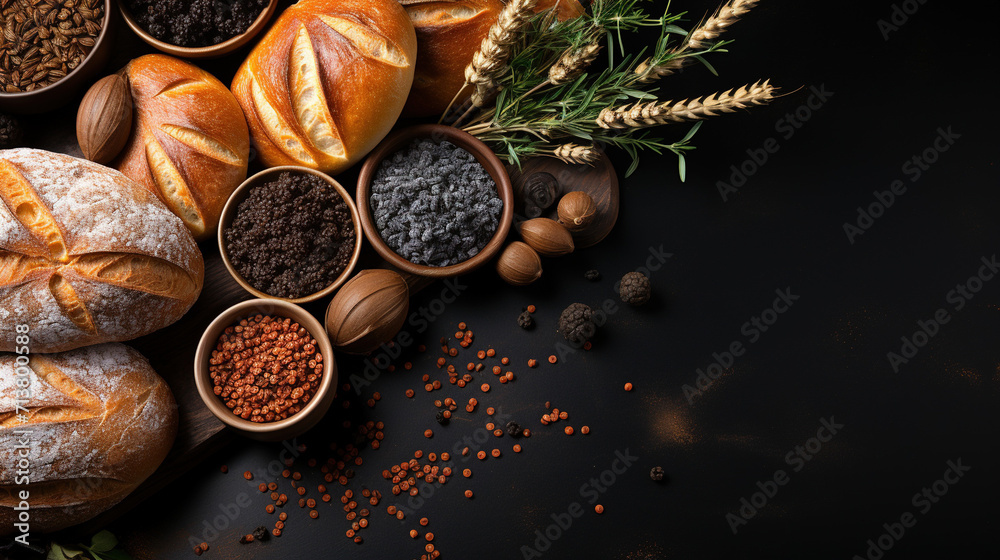 An assortment of bread items including sweet buns An assortment of bread items including sweet buns