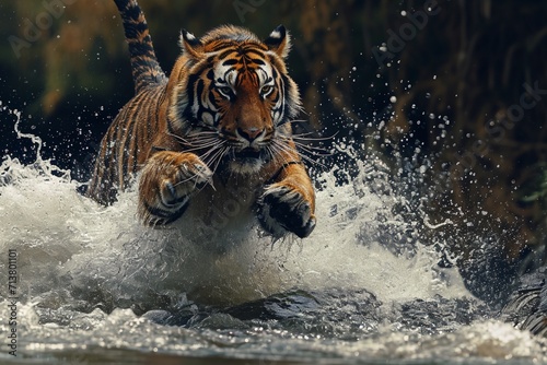 Tiger's powerful leap across a river captured mid-air showcasing the athleticism and agility of this magnificent predator in a stunning display of dynamic energy
