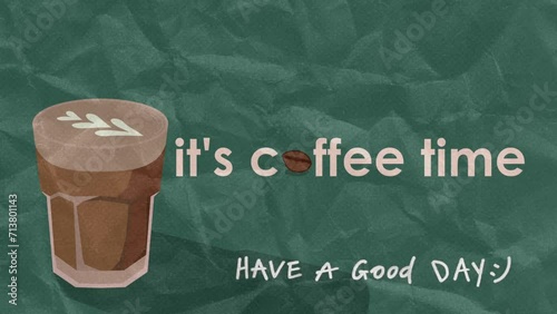 A glass of coffee with green background. A cup of coffee animation with paper effect.