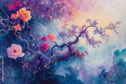 watercolor background with flowers  soft colors  blossom  tree with flowers  painting