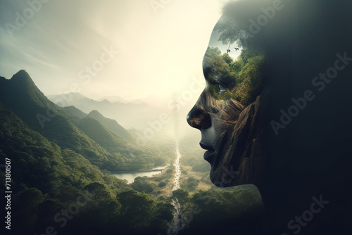 Nature, human connection with nature, environment concept. Human face silhouette made from greenery in forest background with copy space. Abstract minimalist illustration #713801507